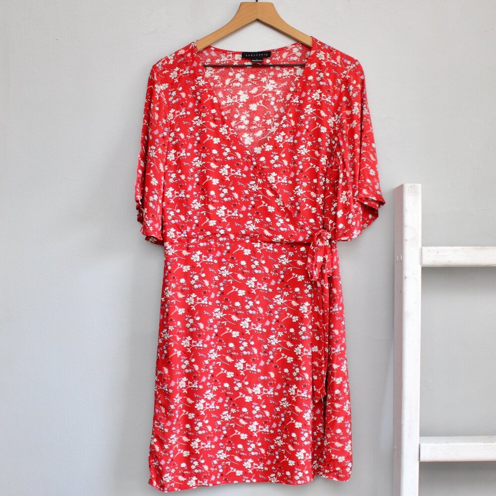 Sanctuary Red Girl On Fire Floral Faux Wrap V-Neck Dress Size Large - Picture 2 of 8